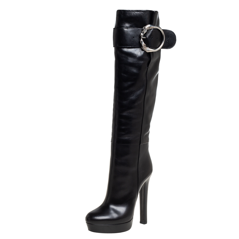 Pre-owned Gucci Black Leather Buckle Josephine Boots Size 37