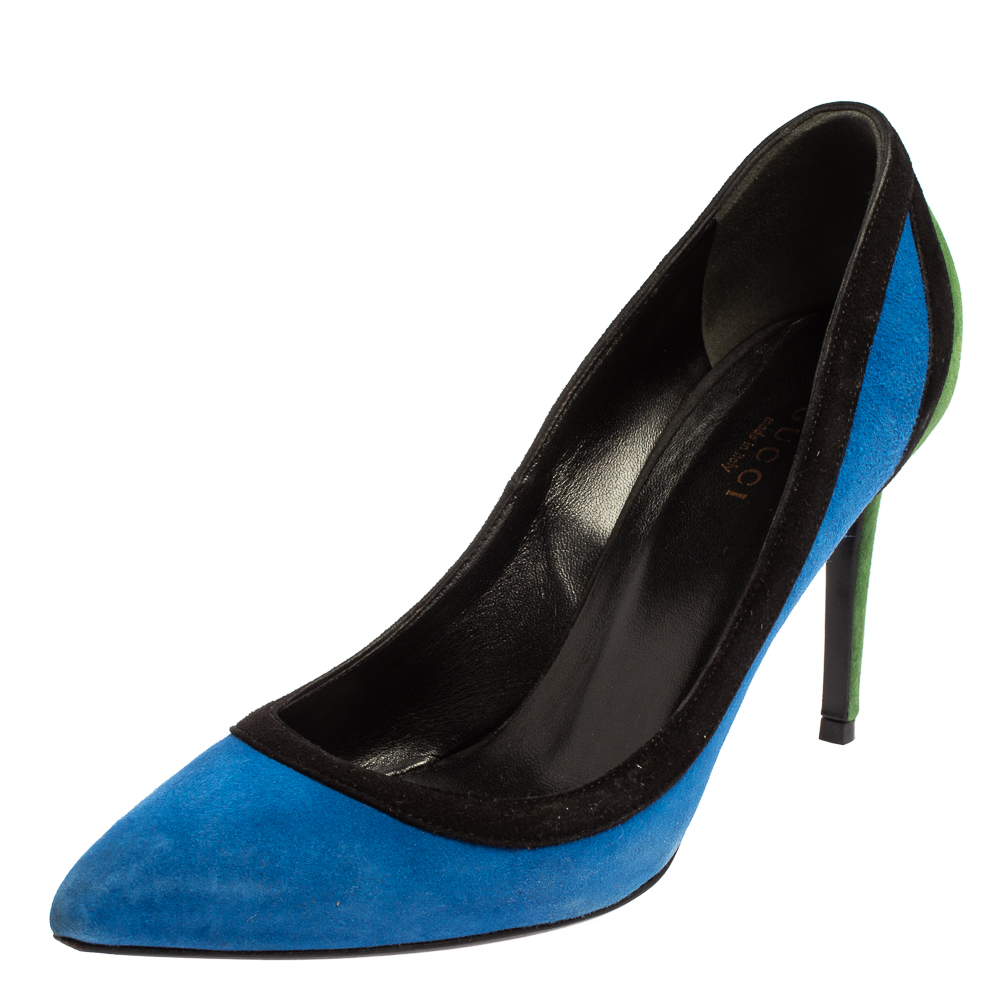 Pre-owned Gucci Tricolor Suede Pointed Toe Pumps Size 37 In Blue