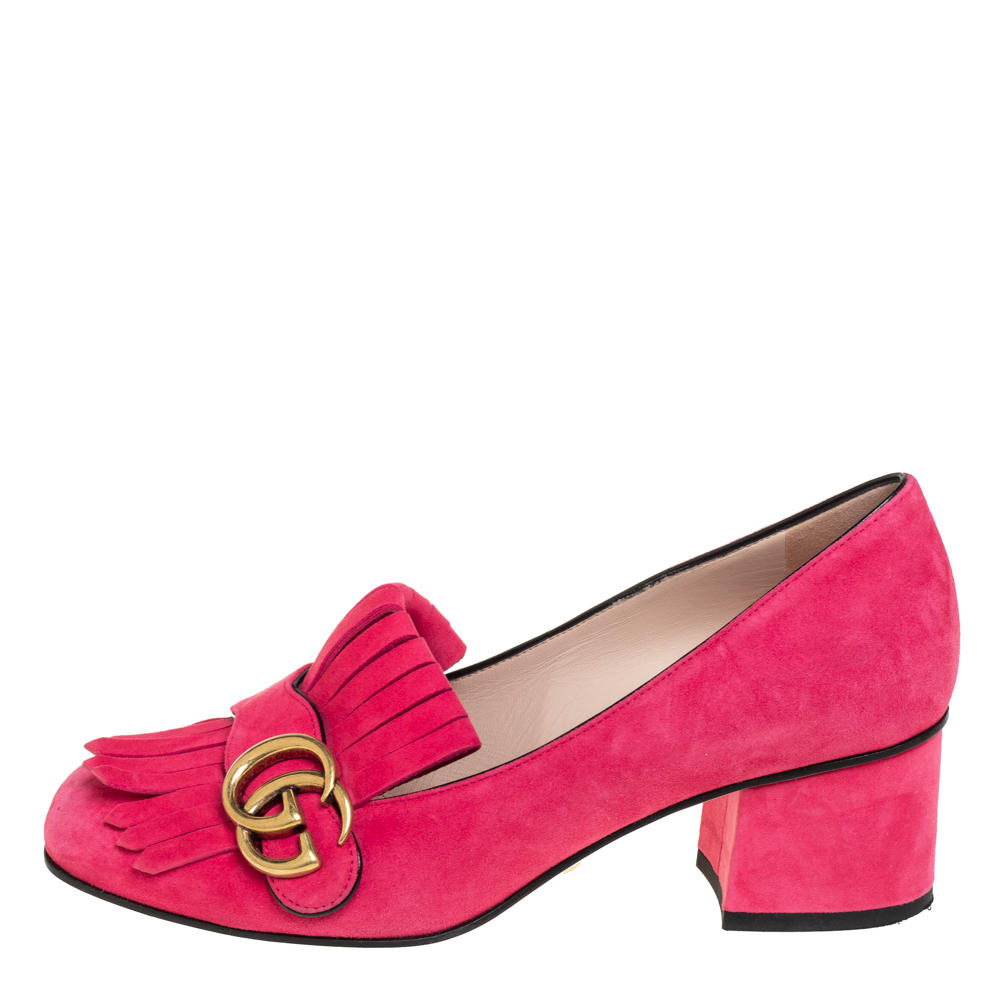 

Gucci Pink Suede Double G Loafers Pumps Size