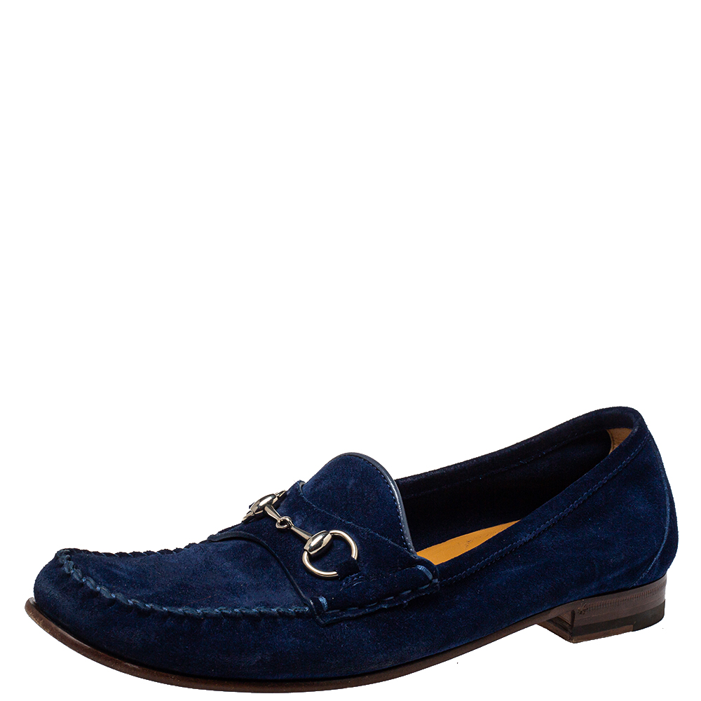 Pre-owned Gucci Blue Suede Horsebit Slip On Loafers Size 39.5
