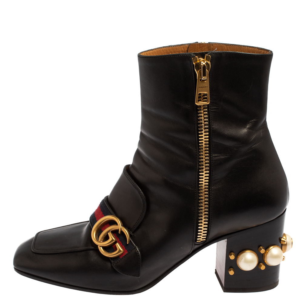 

Gucci Black Leather Logo Pearl Embellished Ankle Boots Size