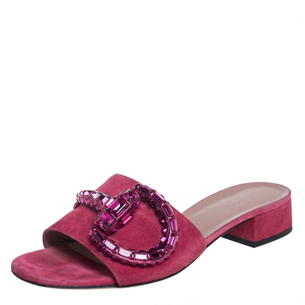 Pre-owned Gucci Pink Suede Embellished Horsebit Sandals Size 38.5