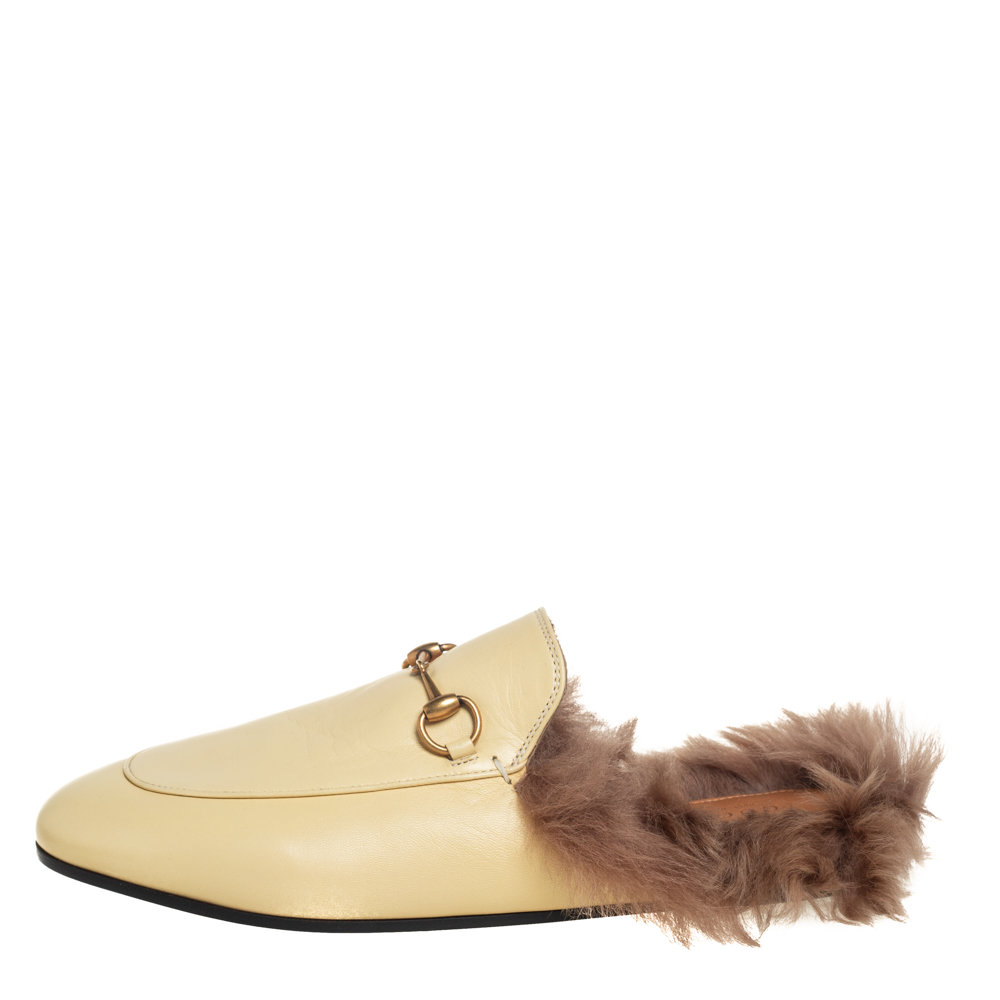 

Gucci Cream Leather And Fur Princetown Mules Size