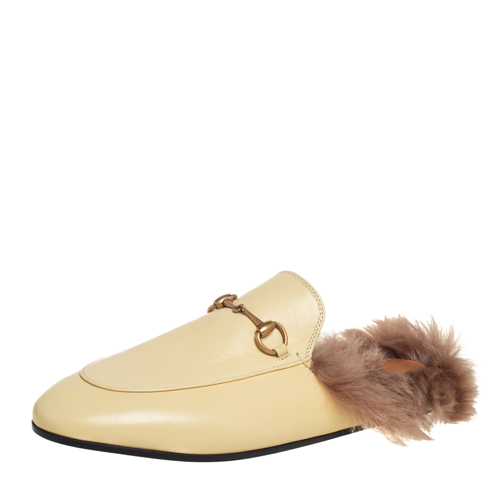 Pre-owned Gucci Cream Leather And Fur Princetown Mules Size 39