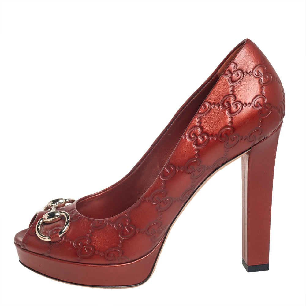 

Gucci Brown Guccissima Leather Horsebit Peep Toe Platform Pumps Size