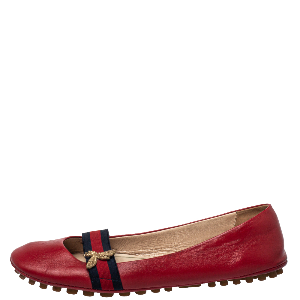 

Gucci Red Leather And Web Bayadere Bee Ballet Flats Size