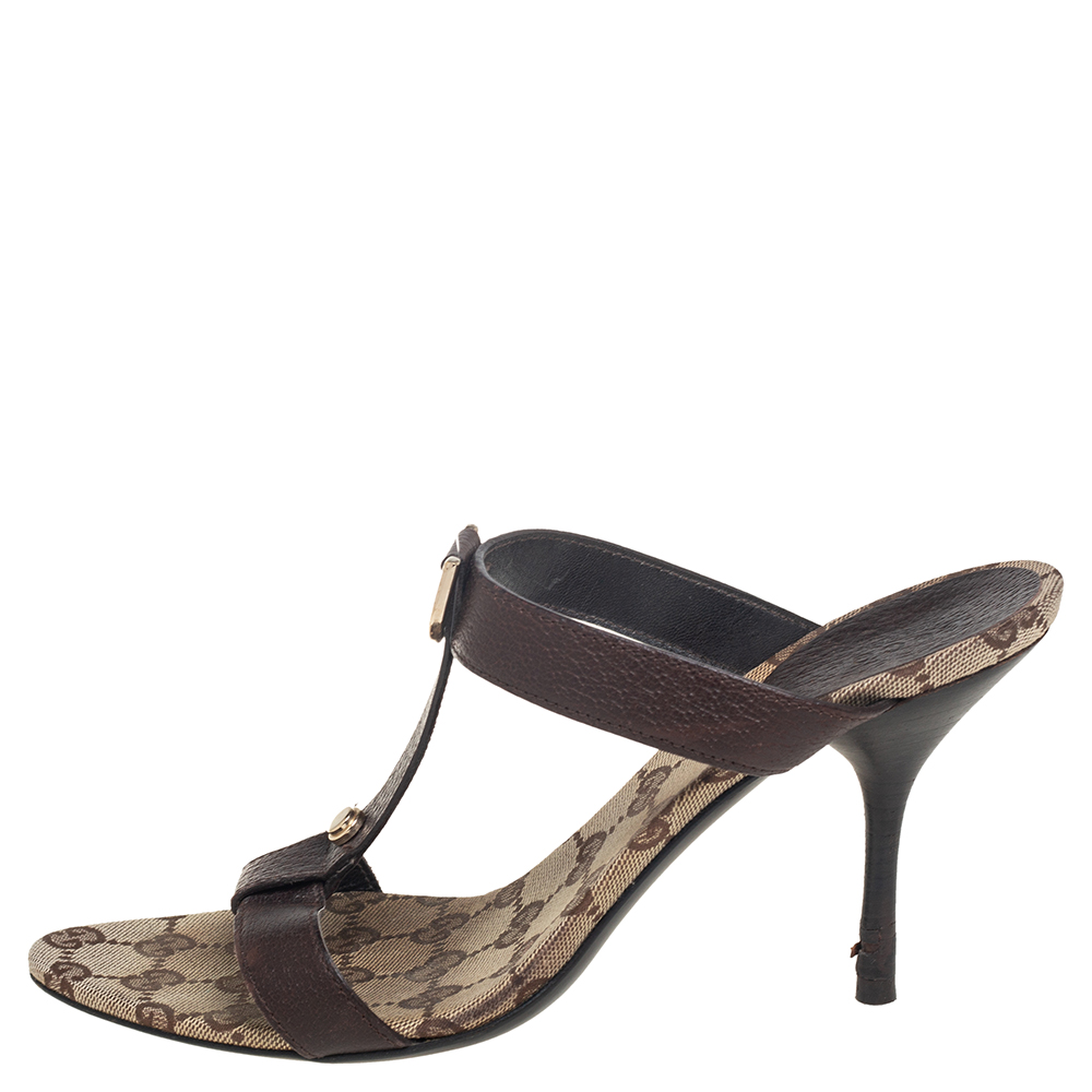 

Gucci Brown Leather And GG Canvas Open Toe Sandals Size