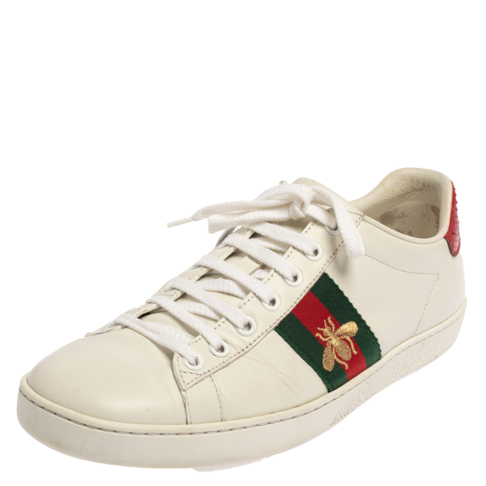 Pre-owned Gucci White Leather And Canvas Ace Sneakers Size 39