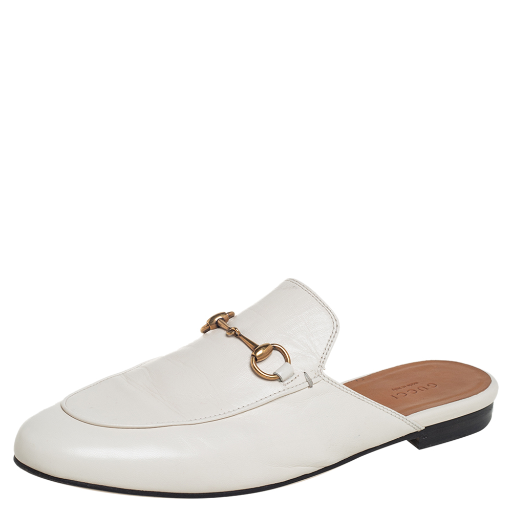 Gucci White Leather Horsebit Princetown Mules Size 39.5