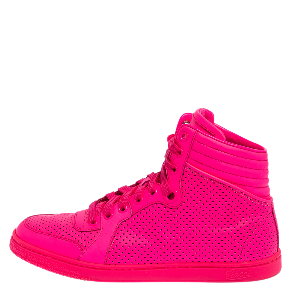 

Gucci Neon Pink Perforated Leather Coda High Top Sneakers Size