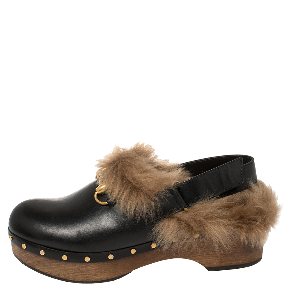 

Gucci Black Leather Amstel Fur Slingback Clogs Size