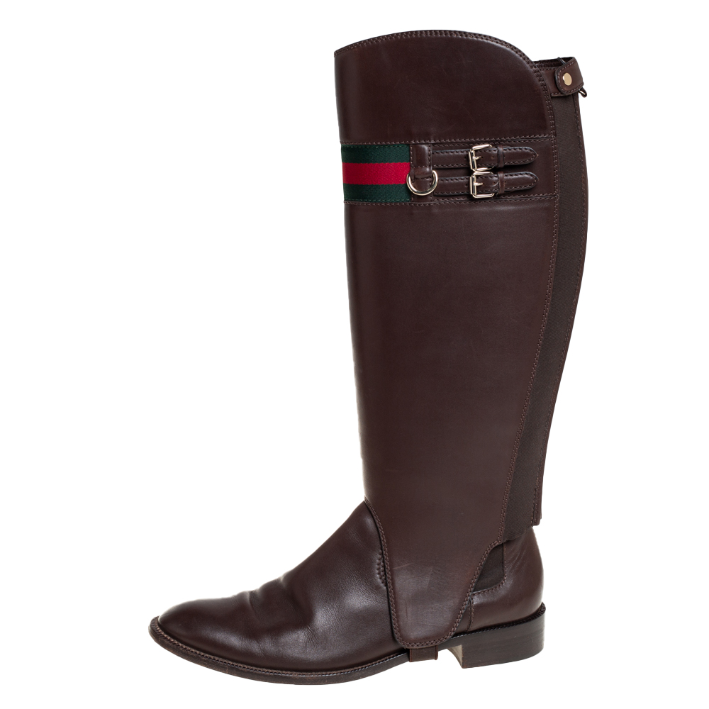 

Gucci Brown Leather Riding Web Detail Knee Length Boots Size