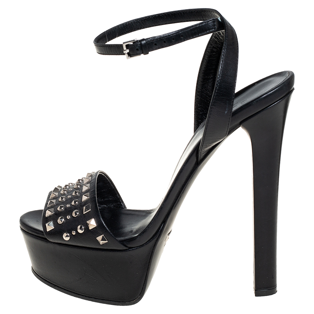 

Gucci Black Studded Leather Leila Platform Ankle Strap Sandals Size