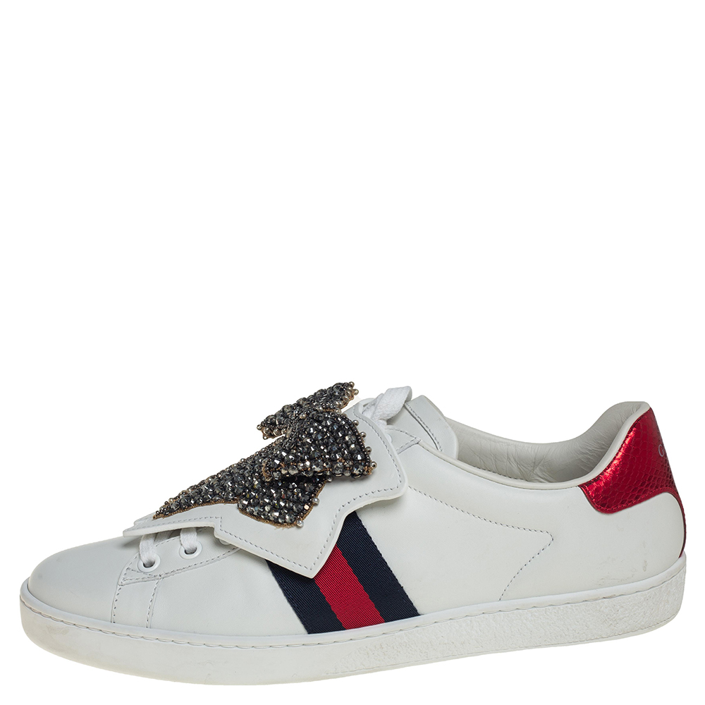 

Gucci White Leather Ace Beaded Bow Low Top Sneakers Size