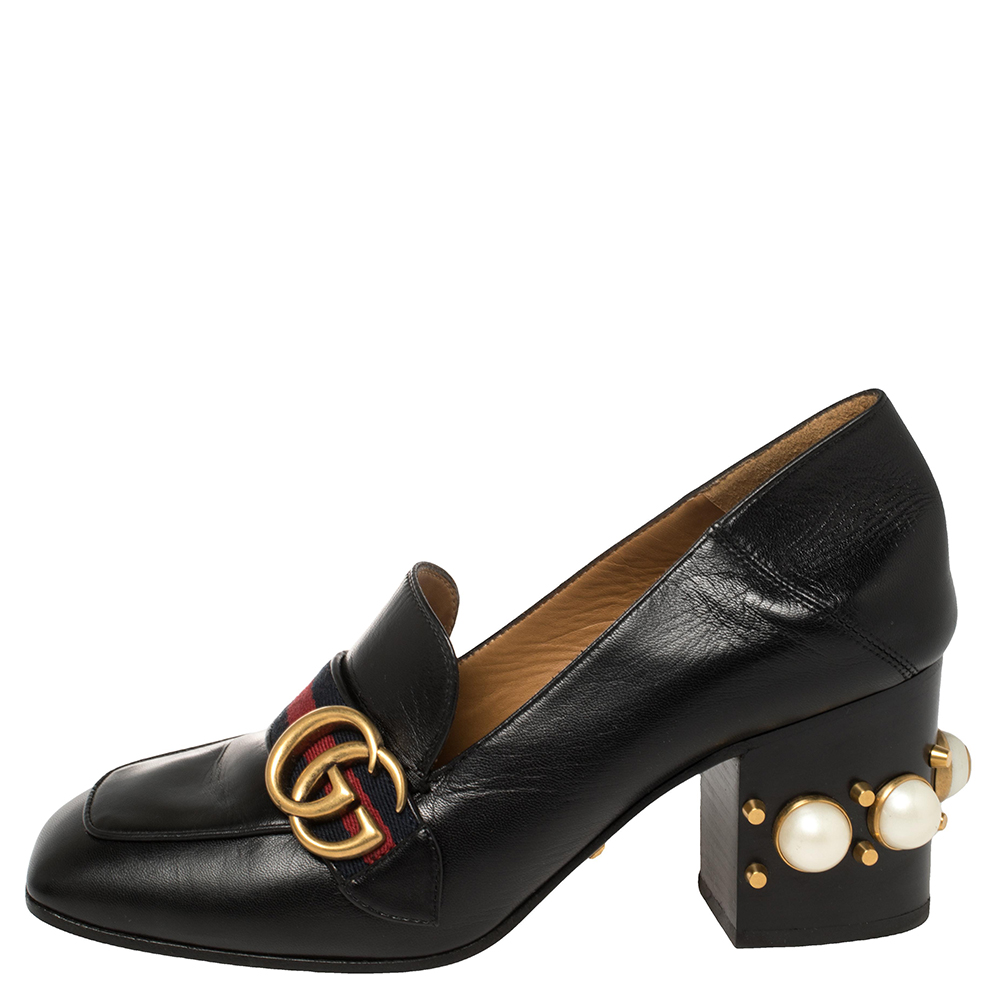 

Gucci Black Leather Pearl Embellished GG Web Loafer Pumps Size