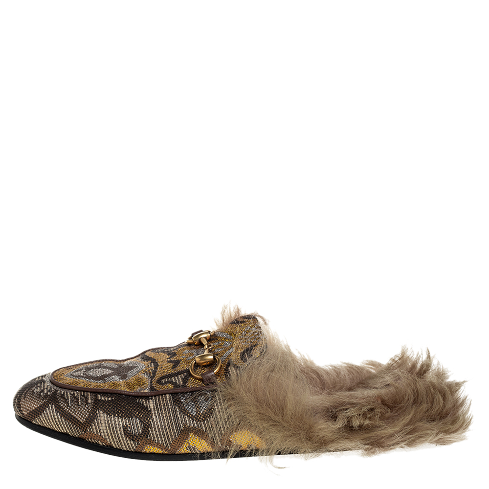 

Gucci Brown Jacquard And Fur Princetown Mules Size