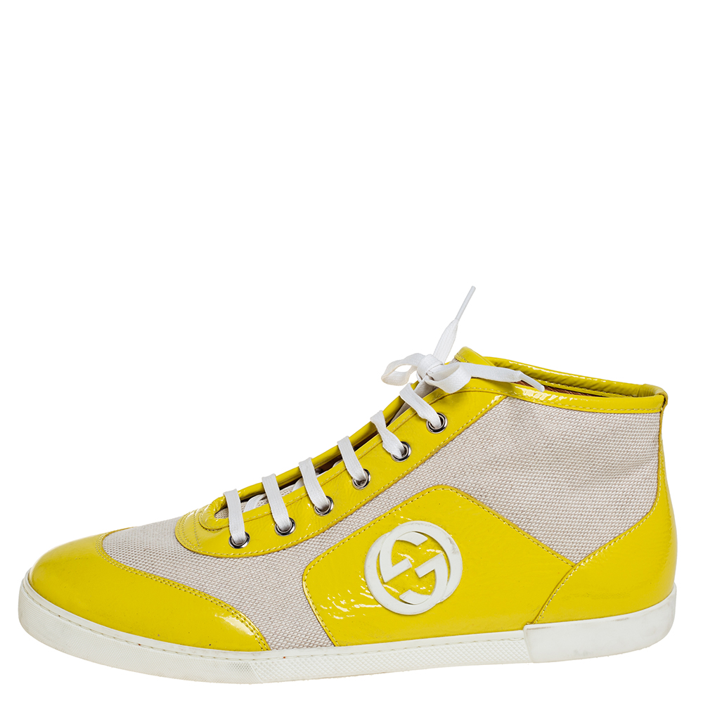 

Gucci Yellow/White Canvas and Patent Leather High Top Sneakers Size