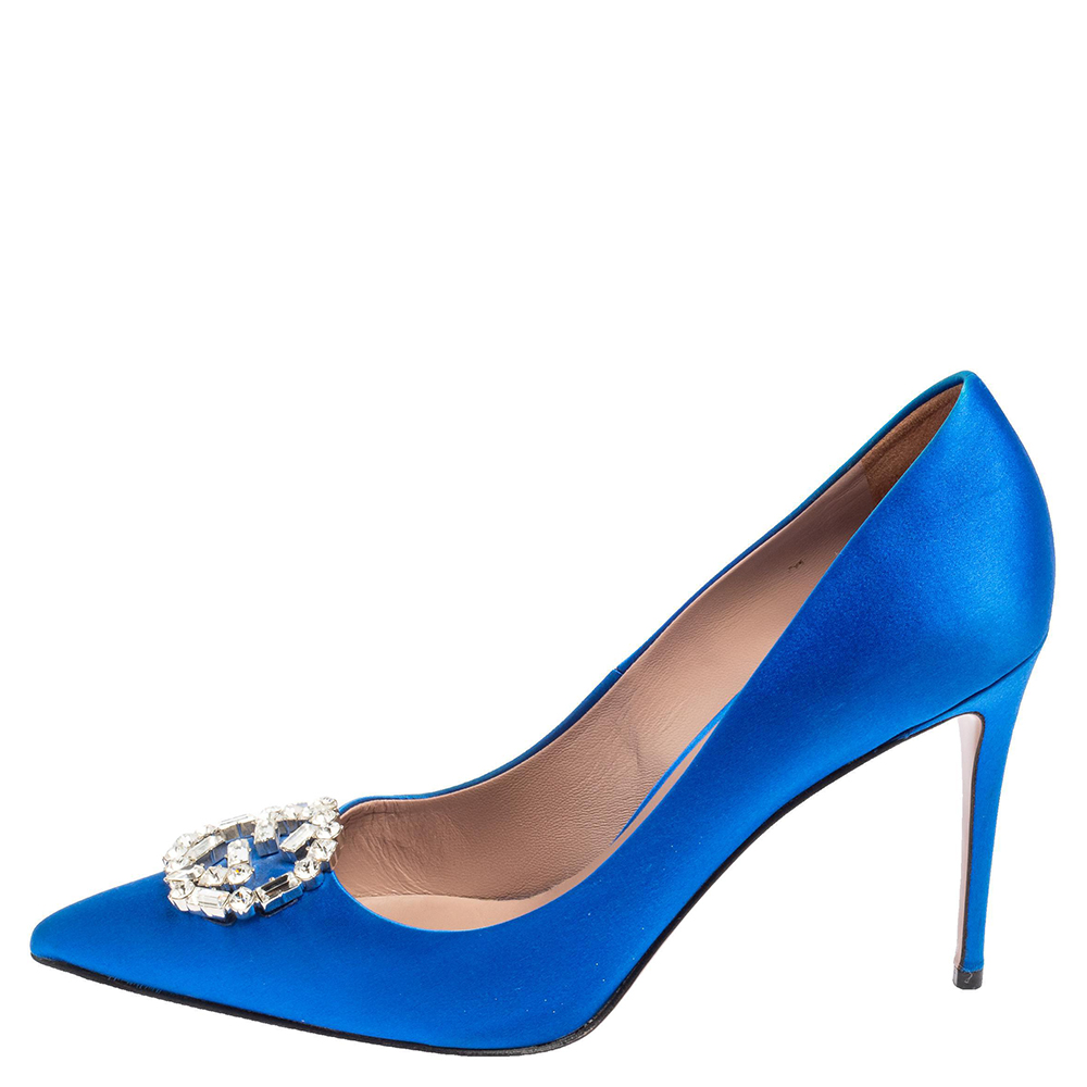 

Gucci Blue Satin Crystal Interlocking G Pointe Toe Pumps Size