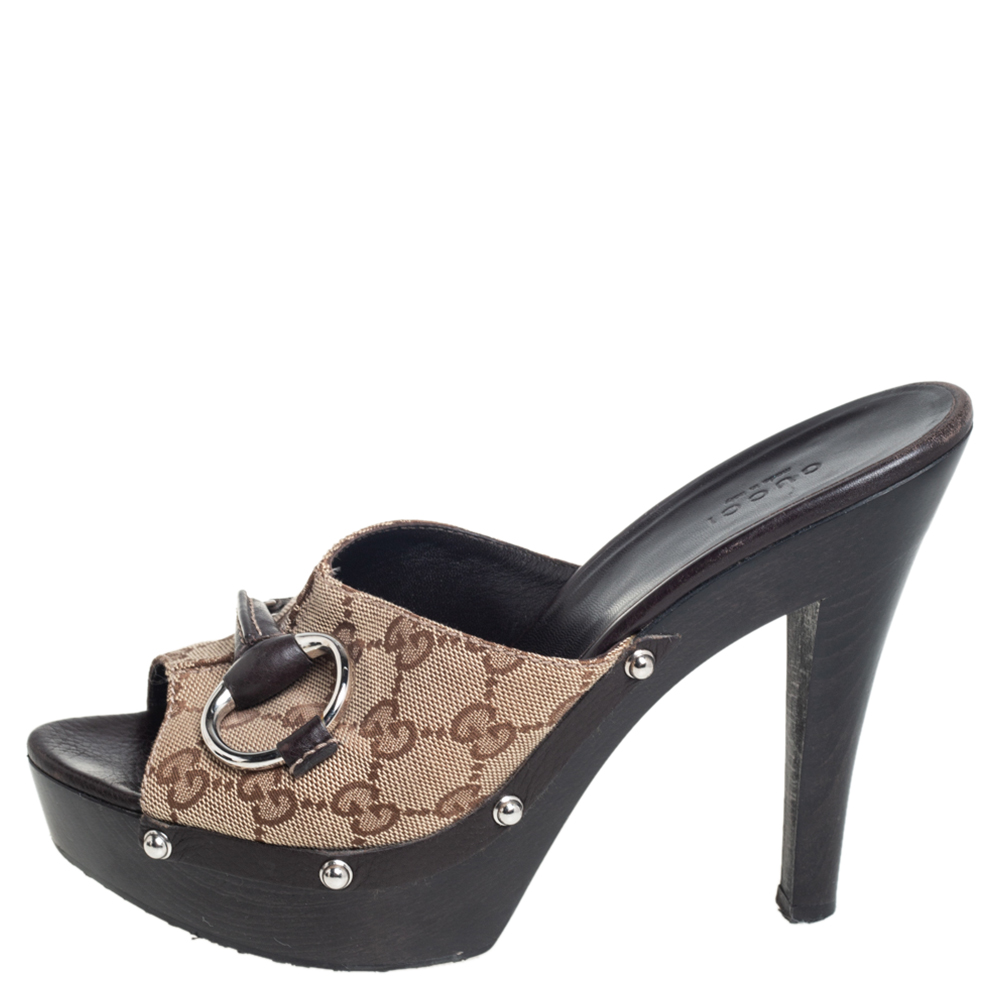 

Gucci Beige/Brown GG Canvas Horsebit Platform Mules Size