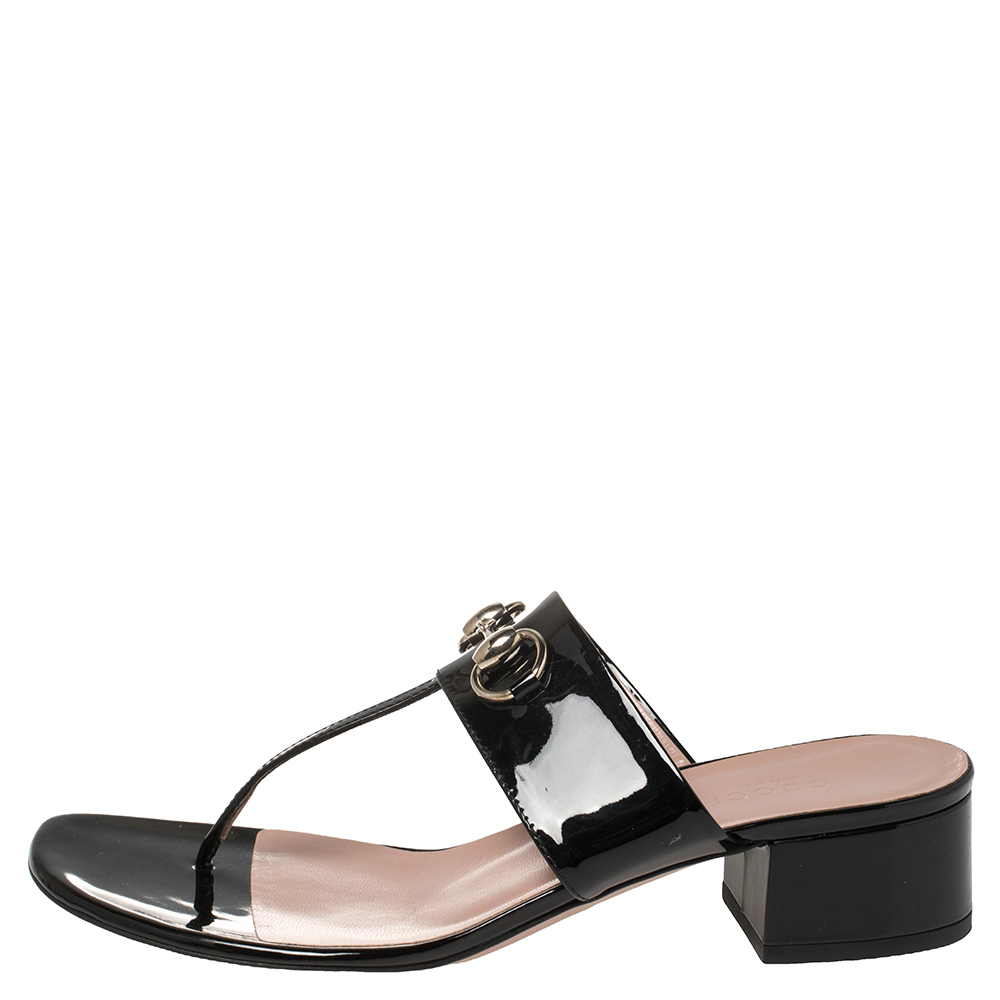 

Gucci Black Patent Leather Horsebit Thong Sandals Size
