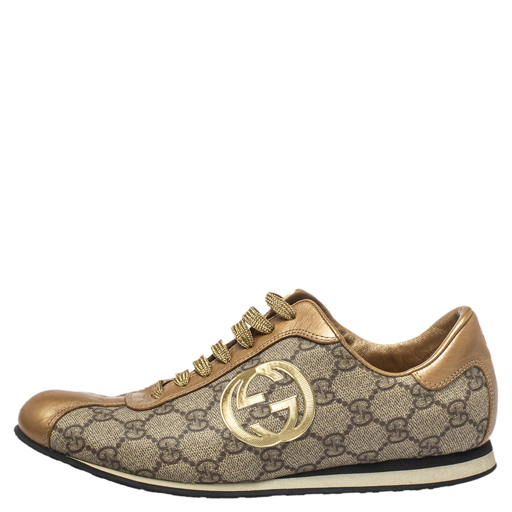 

Gucci Gold/Beige Leather And GG Canvas Low Top Sneakers Size