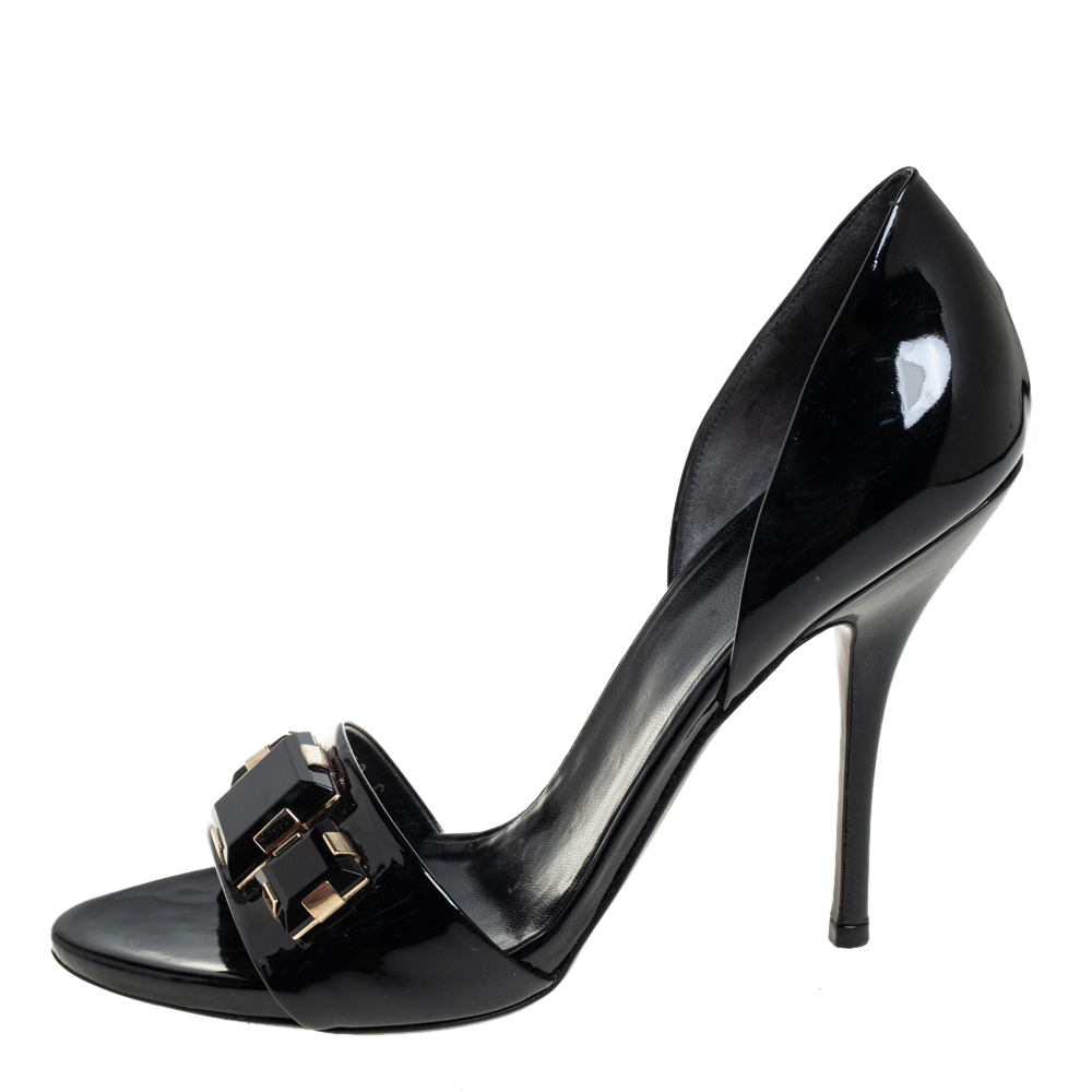 

Gucci Black Patent Leather Crystal Embellished Peep Toe D'orsay Pumps Size