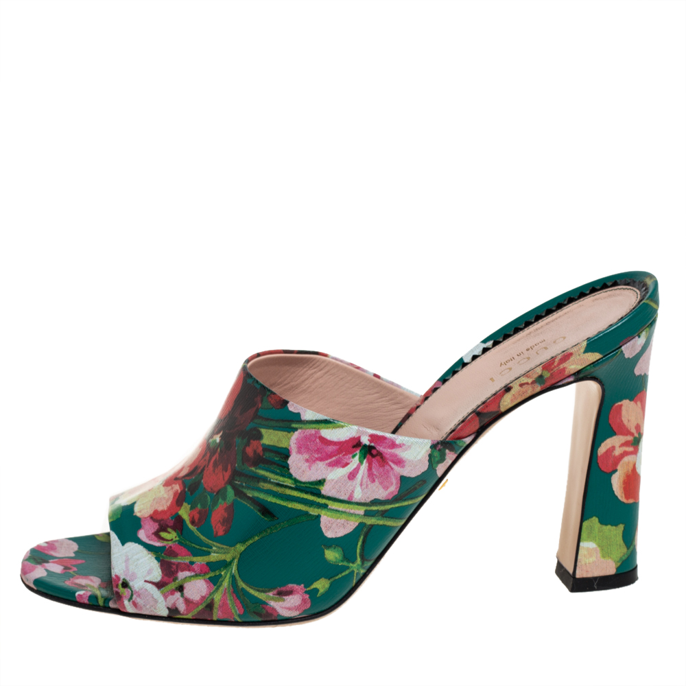 

Gucci Multicolor Bloom Print Leather Shanghai Open Mules Size, Green