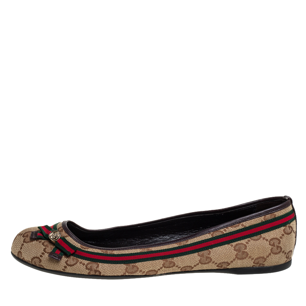 

Gucci Beige/Brown Leather And Canvas Mayfair Web Bow Detail Ballet Flats Size