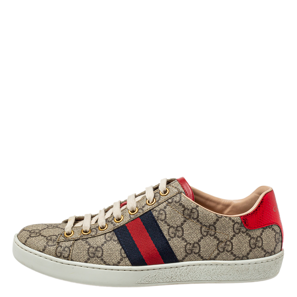 

Gucci Beige/Brown GG Supreme Canvas Ace Web Low Top Sneakers Size