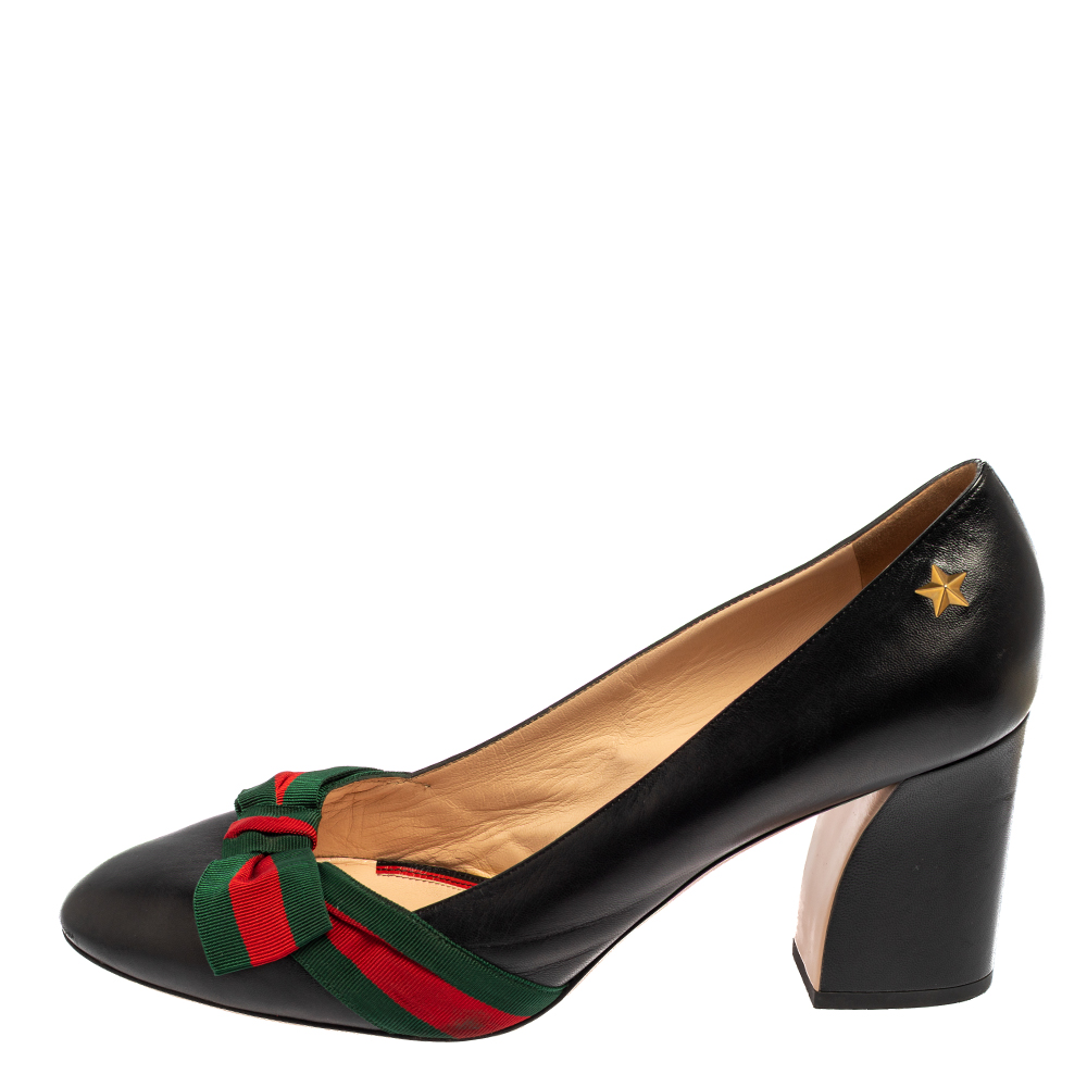 

Gucci Black Leather Web Bow Block Heel Pumps Size