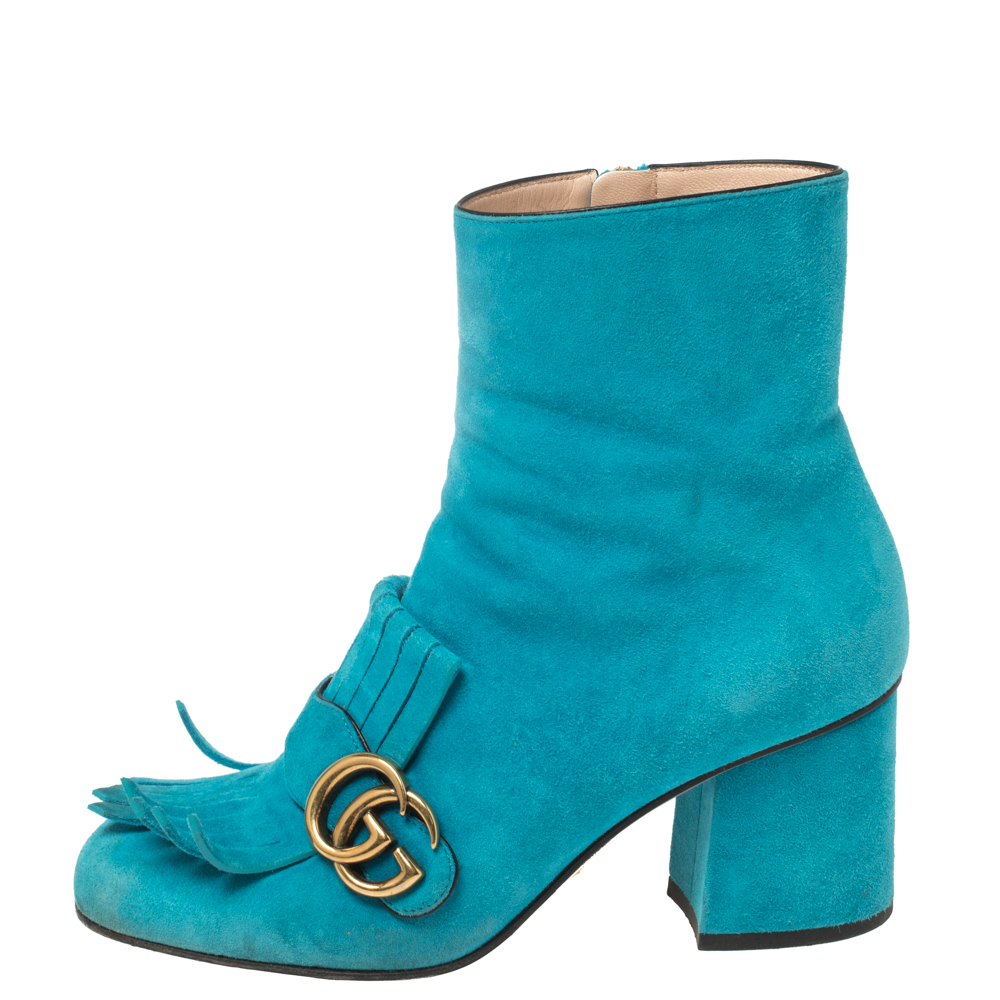 

Gucci Blue Suede Marmont Fringe Detail Ankle Boots Size