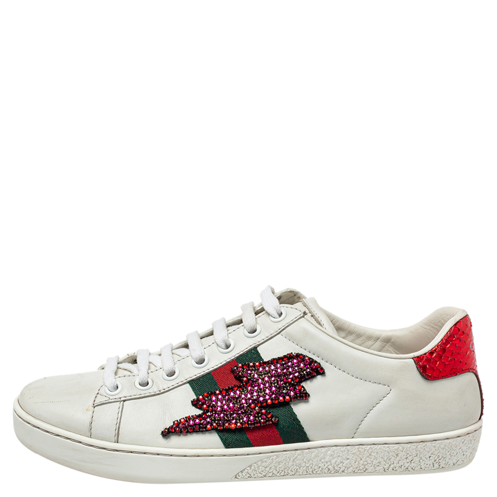 

Gucci White Leather And Crystal Embellished Lightning Bolt Ace Low Top Sneakers Size