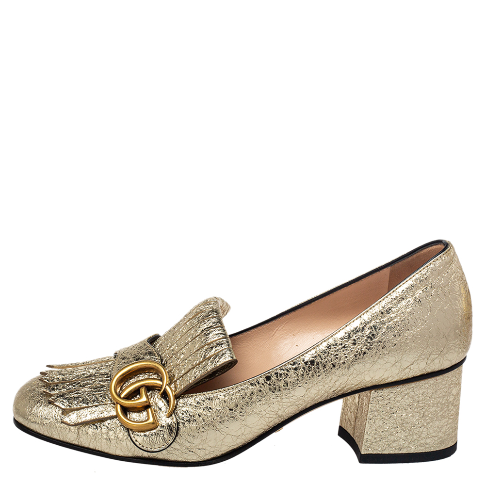 

Gucci Metallic Gold Foil Leather GG Marmont Block Heel Pumps Size