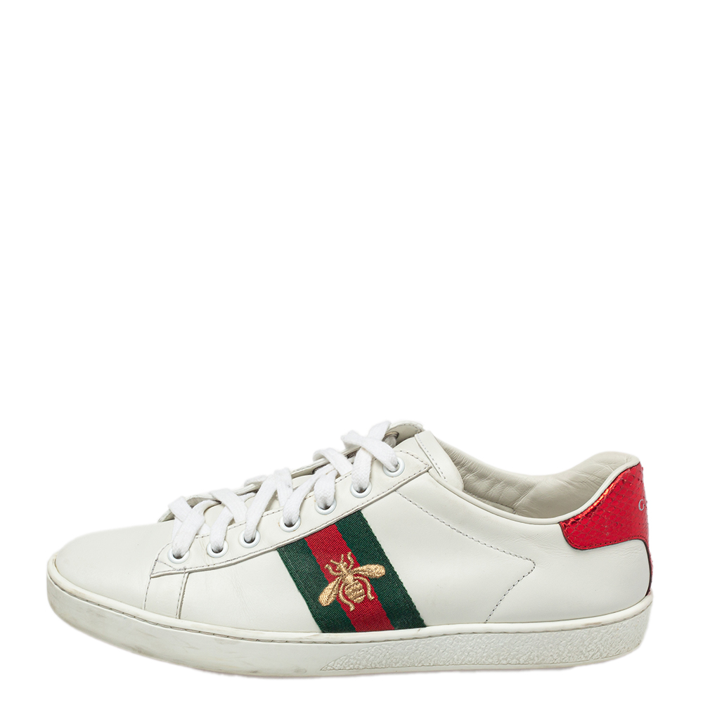 

Gucci White Leather And Canvas Bee Web Sneakers Size