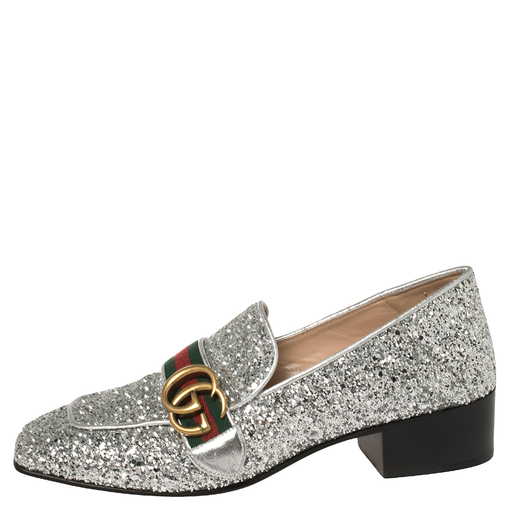 

Gucci Metallic Silver Coarse Glitter Marmont Peyton Loafer Pumps Size