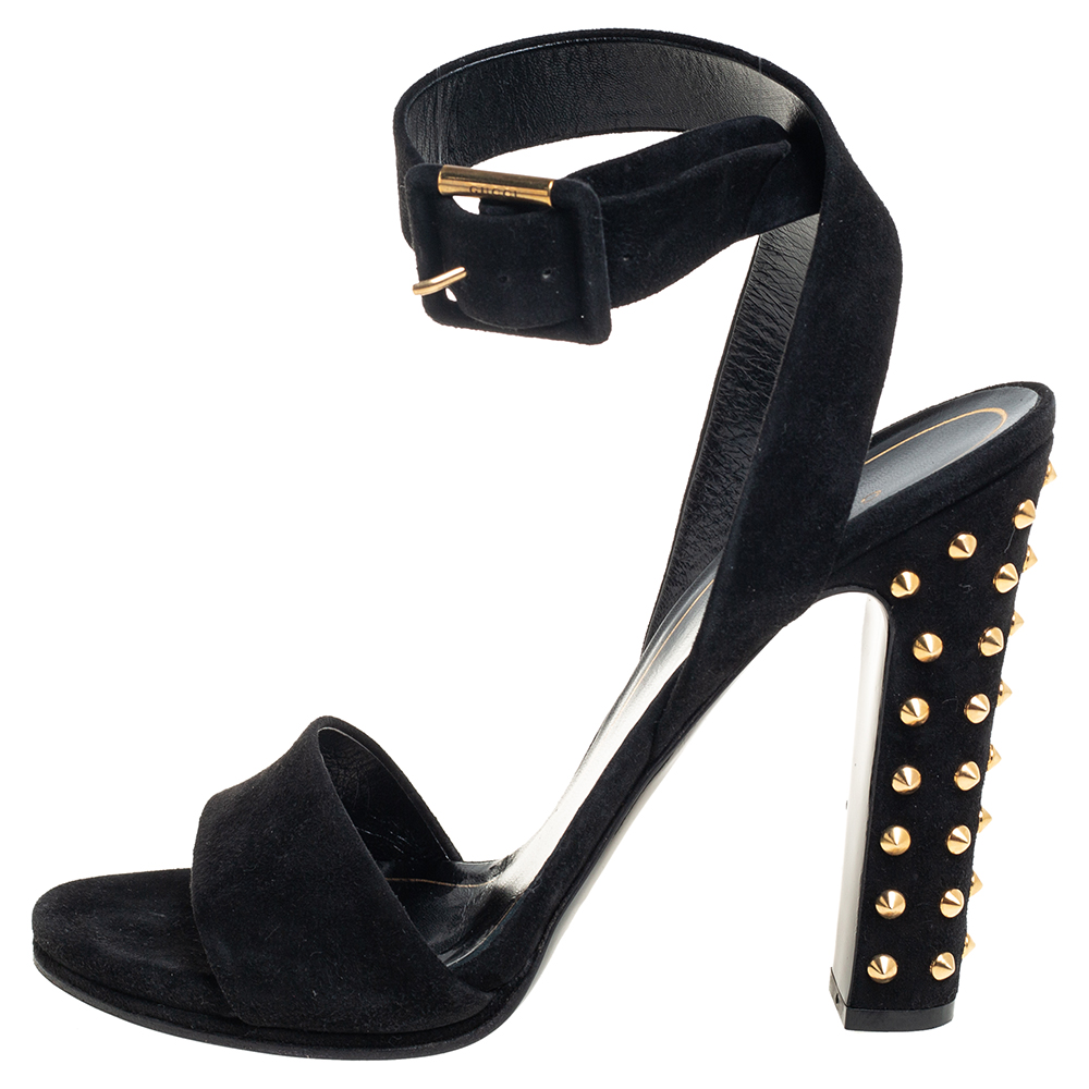 

Gucci Black Suede Studded Open Toe Ankle Wrap Sandals Size