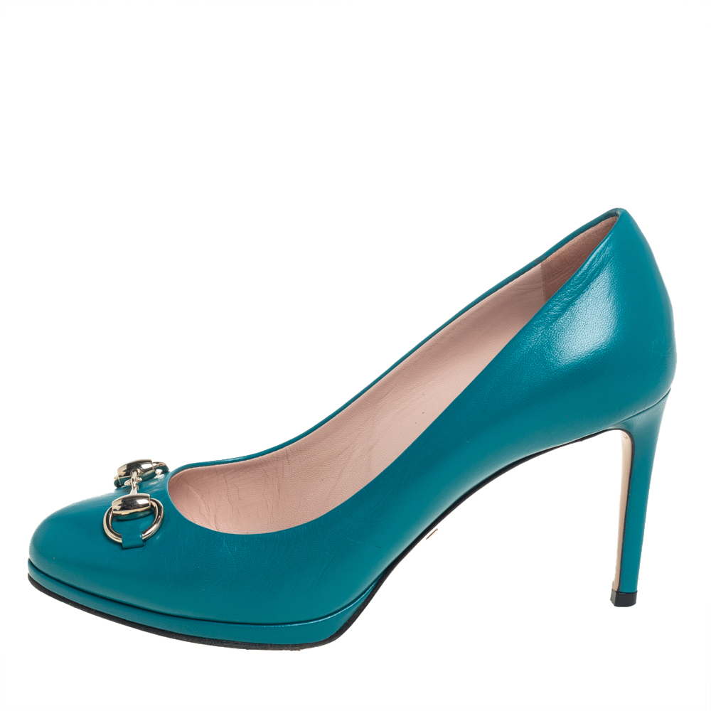 

Gucci Blue Leather Jolene Horsebit Pumps Size