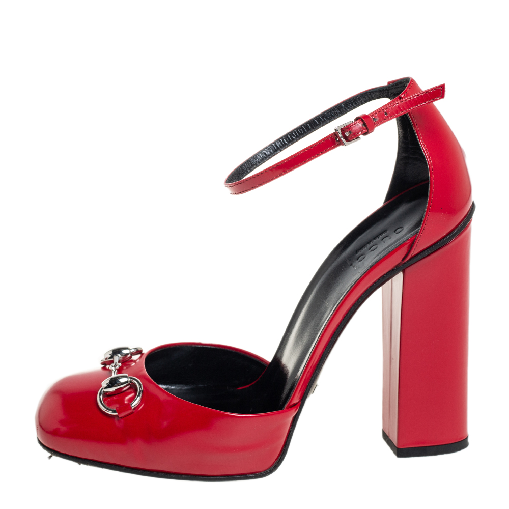 

Gucci Red Leather Horsebit Block Heel Ankle Strap Sandals Size