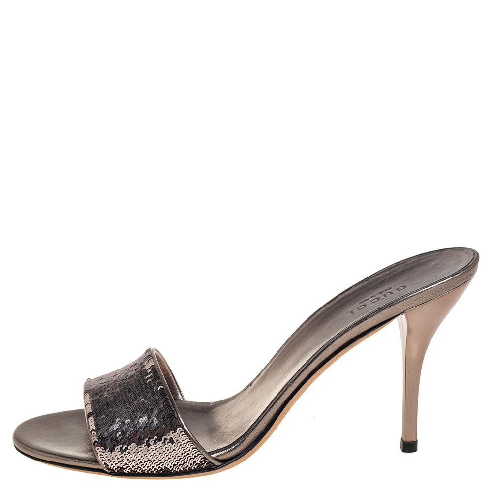 

Gucci Metallic Gunmetal Sequin Embellished Slide Sandals Size