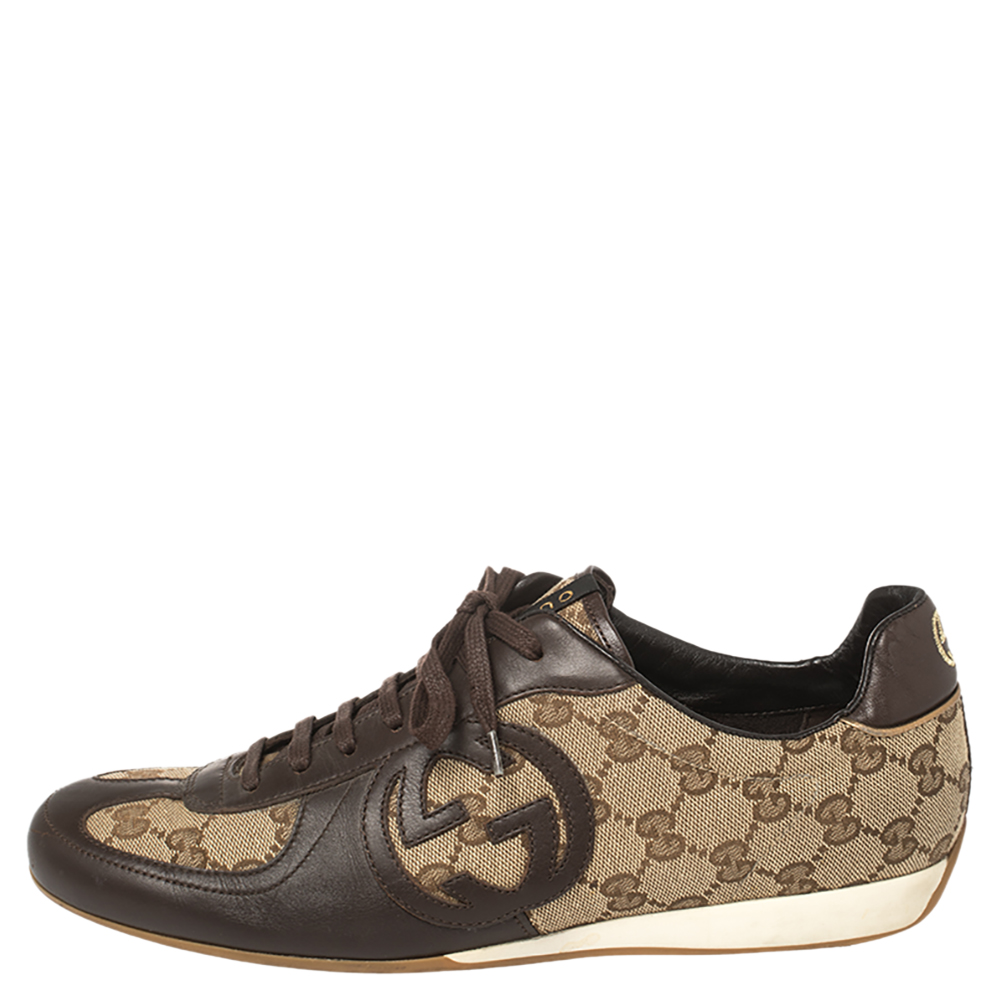 

Gucci Brown Leather And Guccissima Canvas Royal Sport Interlocking GG Sneakers Size