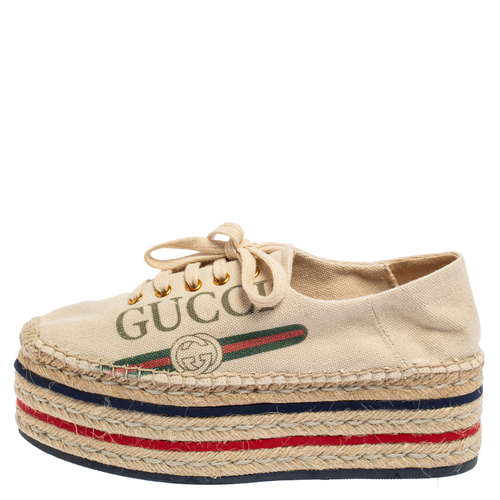 

Gucci Cream Canvas Platform Espadrille Lace Up Sneakers Size