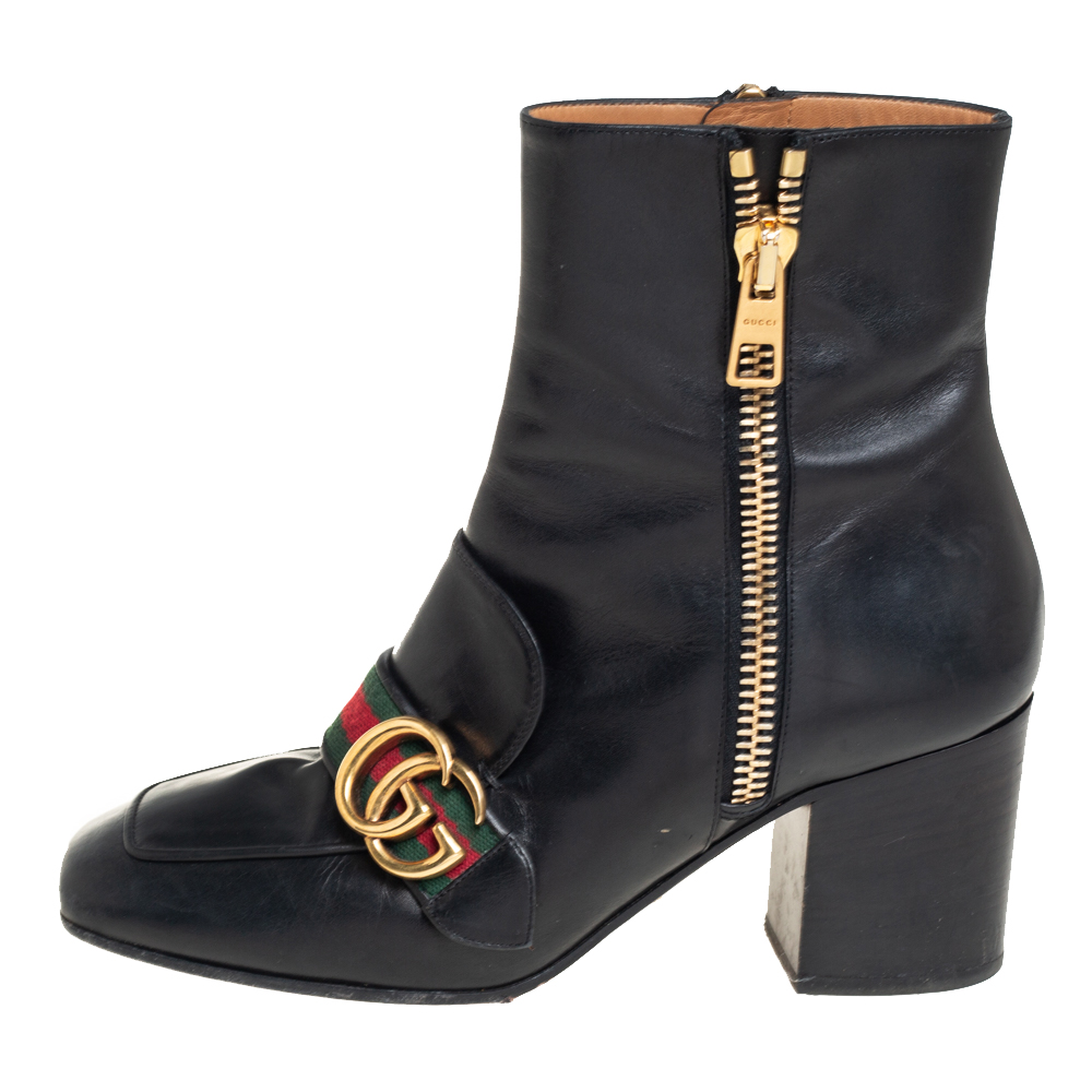 

Gucci Black Leather GG Marmont Block Heel Ankle Boots Size