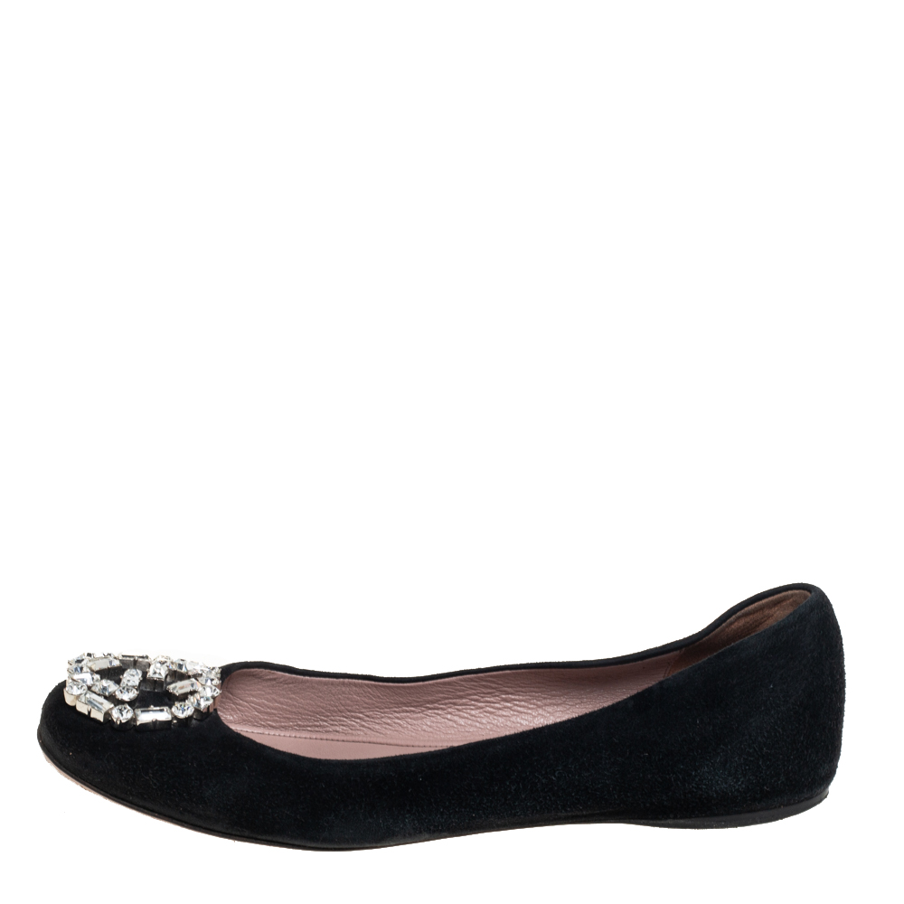 

Gucci Black Suede Crystal GG Ballet Flats Size
