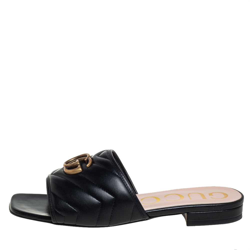 

Gucci Black Leather GG Marmont Flat Slides Size