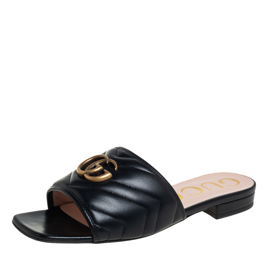 Pre Owned Gucci Black Leather GG Marmont Flat Slides Size 37