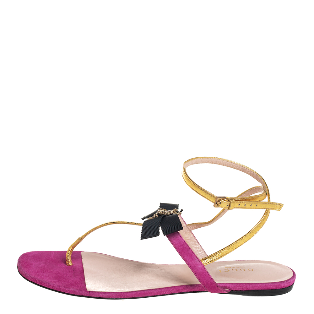 

Gucci Pink/Gold Suede And Leather Moody Bow Flat Thong Sandals Size