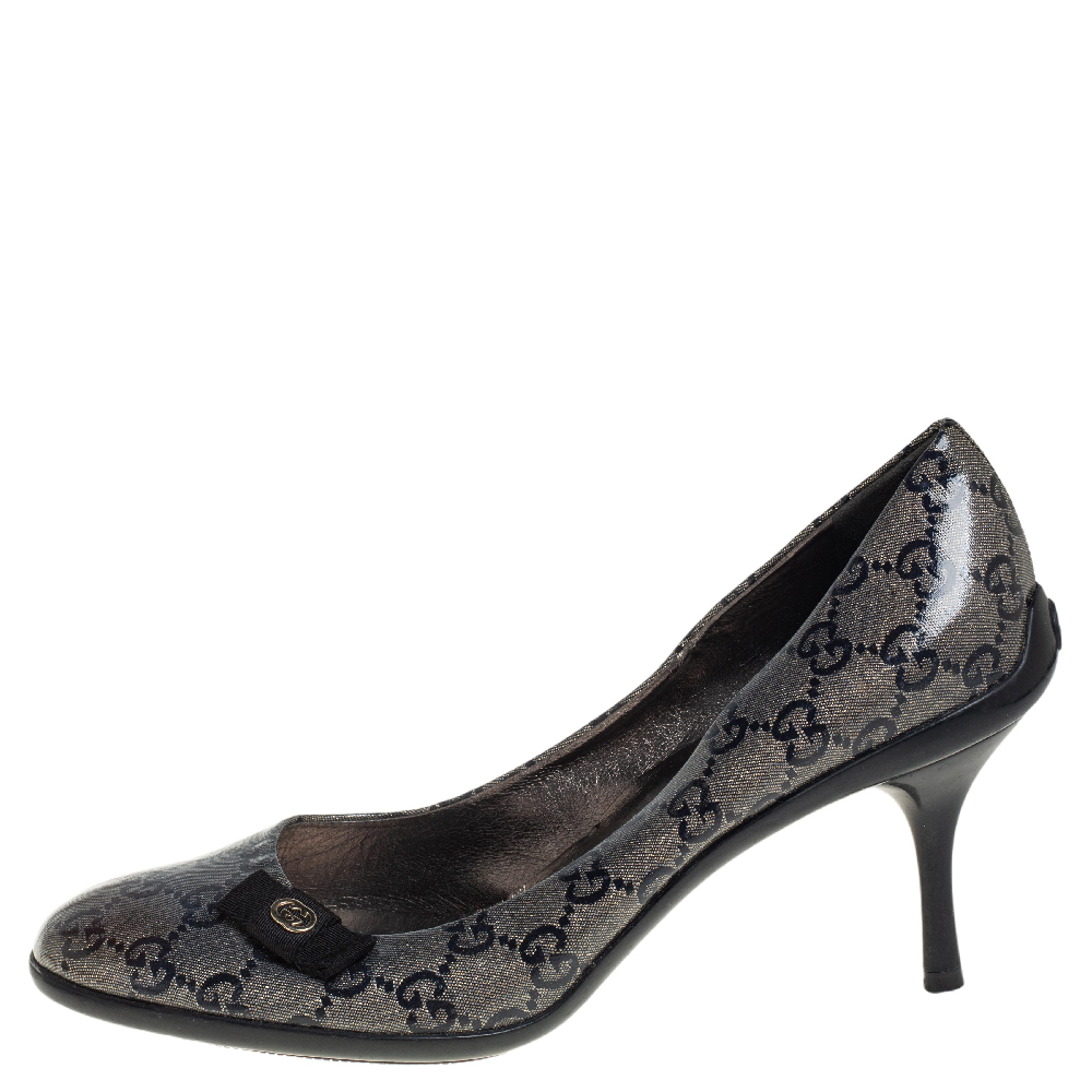 

Gucci Metallic Gold/Blue GG Crystal Canvas Bow Pumps Size