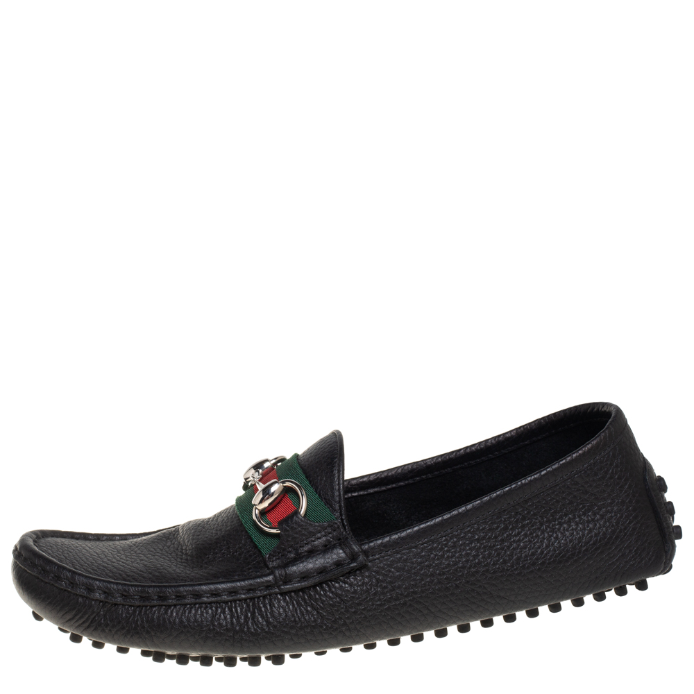 

Gucci Black Leather Web Detail Horsebit Loafers Size