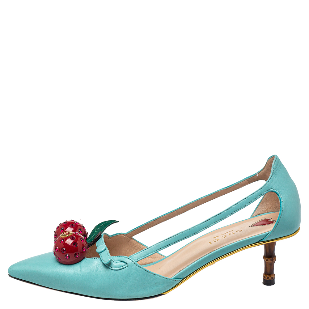 

Gucci Blue Leather Cherry-Embellished Pumps Size