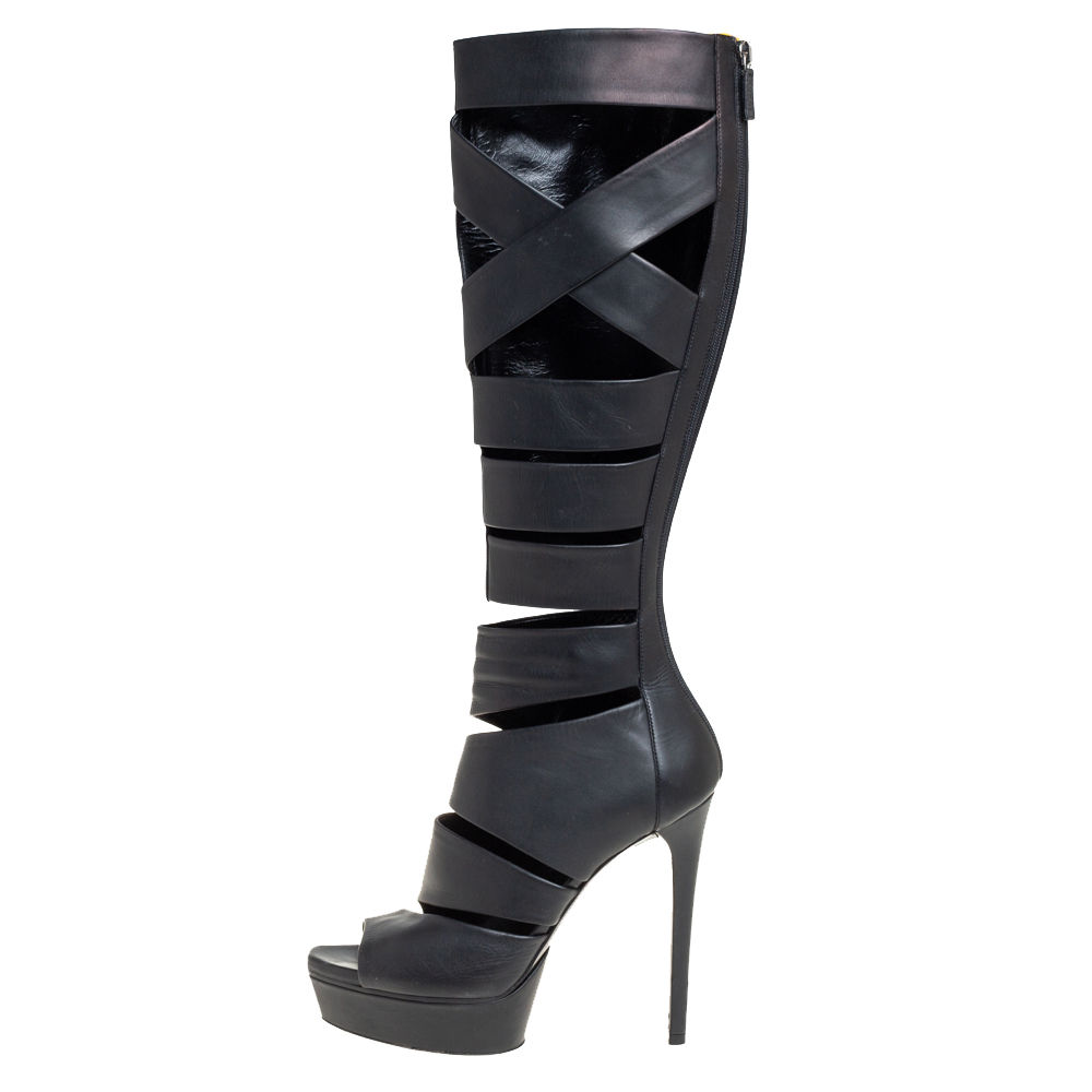 

Gucci Black Leather Helena Gladiator Platform Knee High Boots Size